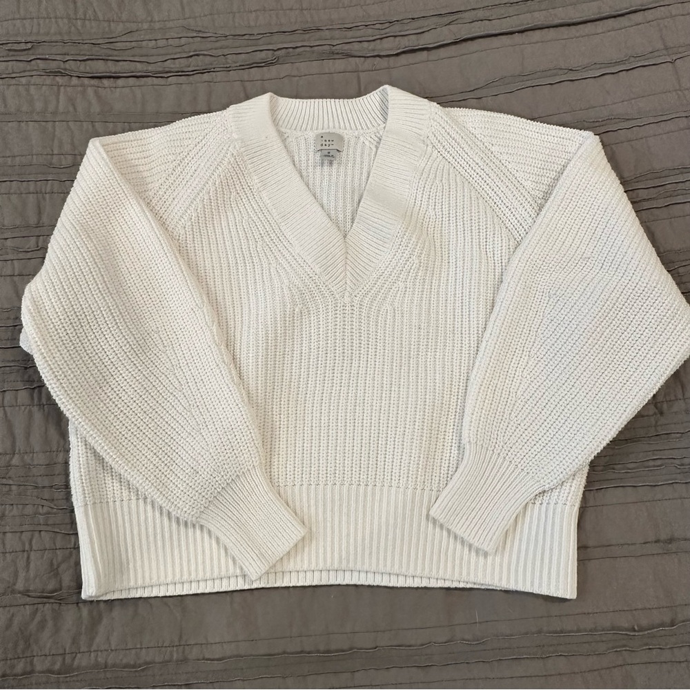 Cotton White V-Neck Ribbed Knit Sweater